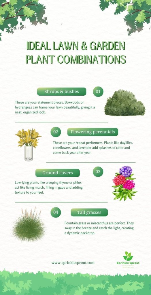 ideal lawn and garden plant combinations, shrubs and bushes, flowering perennials, ground covers, tall grasses, sprinkle sprout