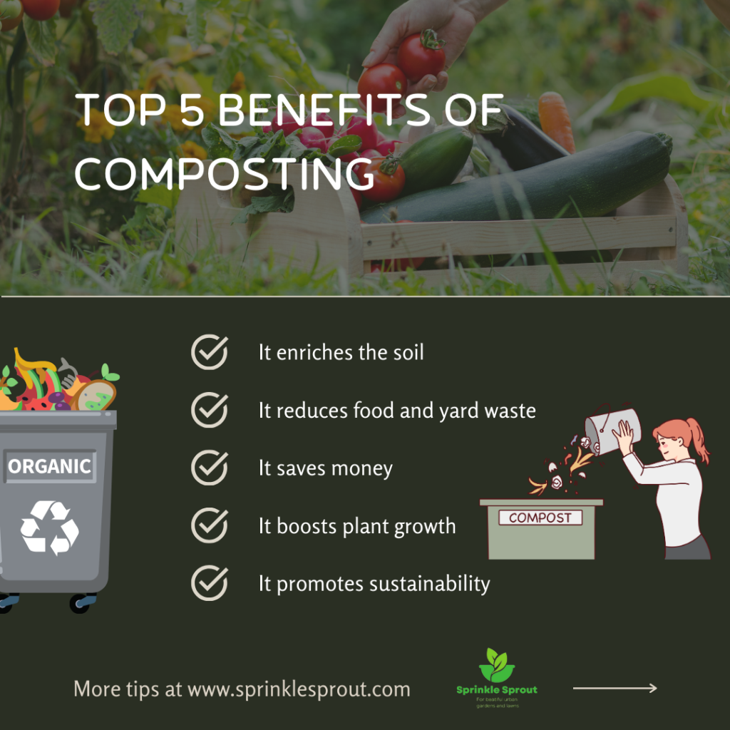 top five benefits of composting, composting for beginners, enriches the soil, reduces food and yard waste, saves dime, boosts plant growth, promotes sustainability