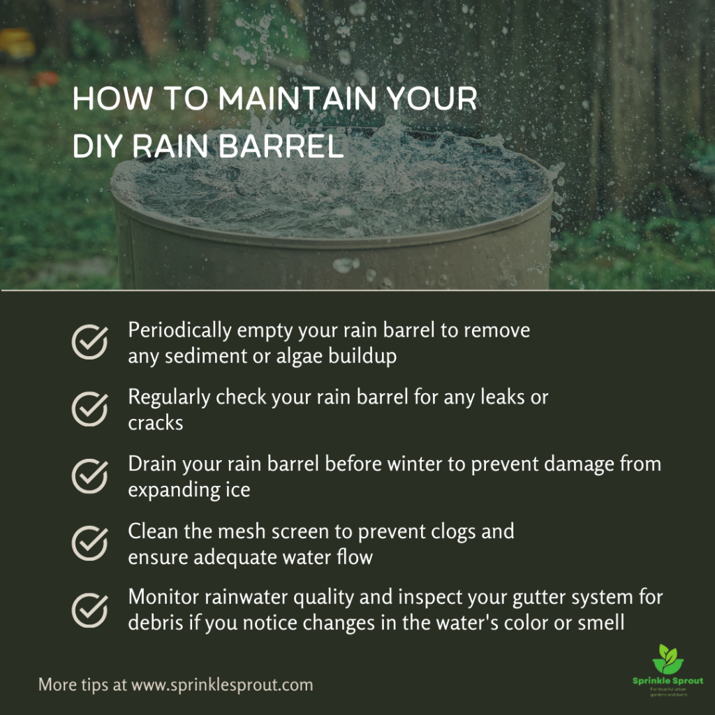 how to maintain your diy rain barrel, periodically empty, check for leaks and cracks, drain the barrel before the winter, clean the mesh screen, monitor rainwater quality and inspect gutter system